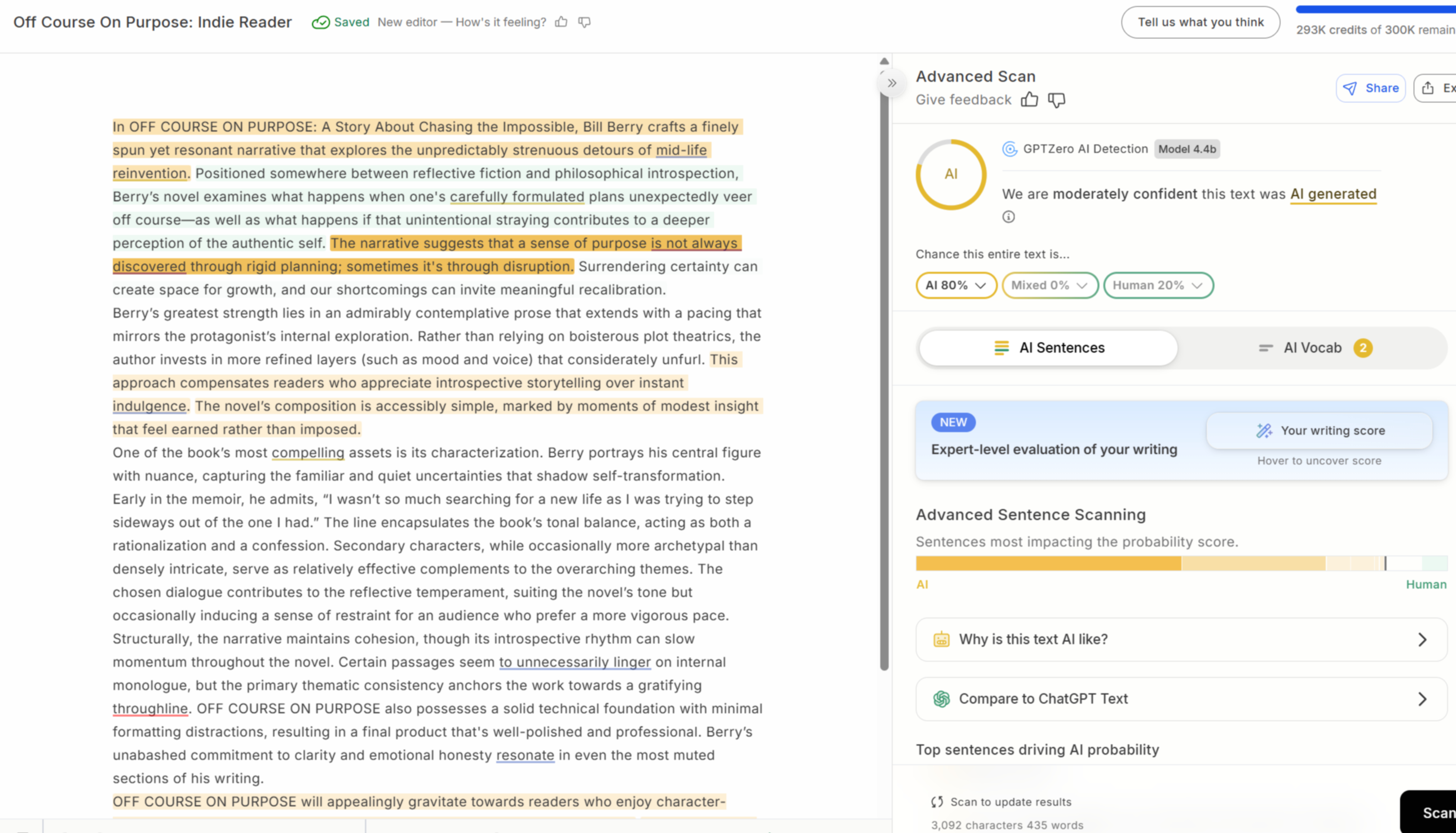 Off Course On Purpose GPTZero result